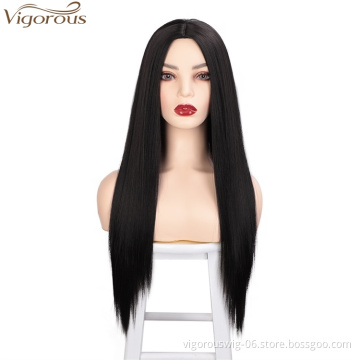 Vigorous Long Silky Natural Black Straight Synthetic Wigs Middle Part Wigs For Women Daily Use Wigs Wholesale Price